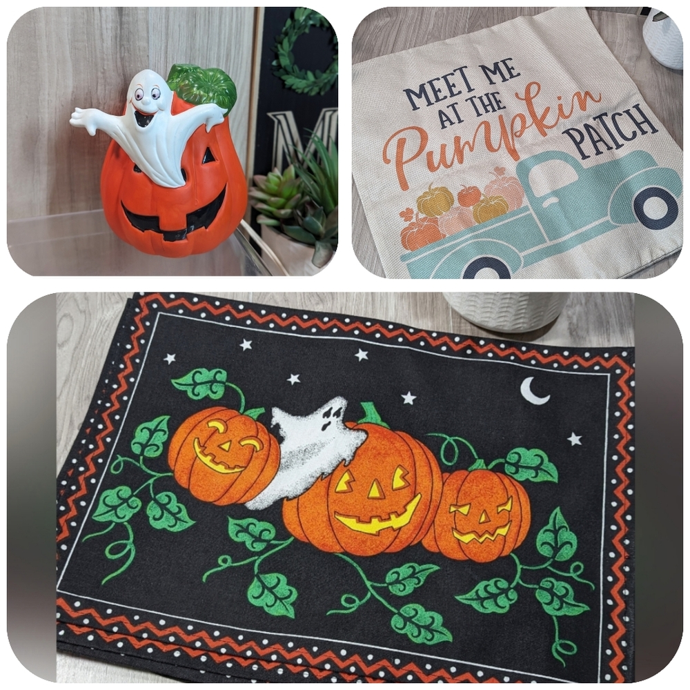 VTG Halloween Ceramic Night Light Up Ghost Pumpkin Placemats Pillow Cover READ